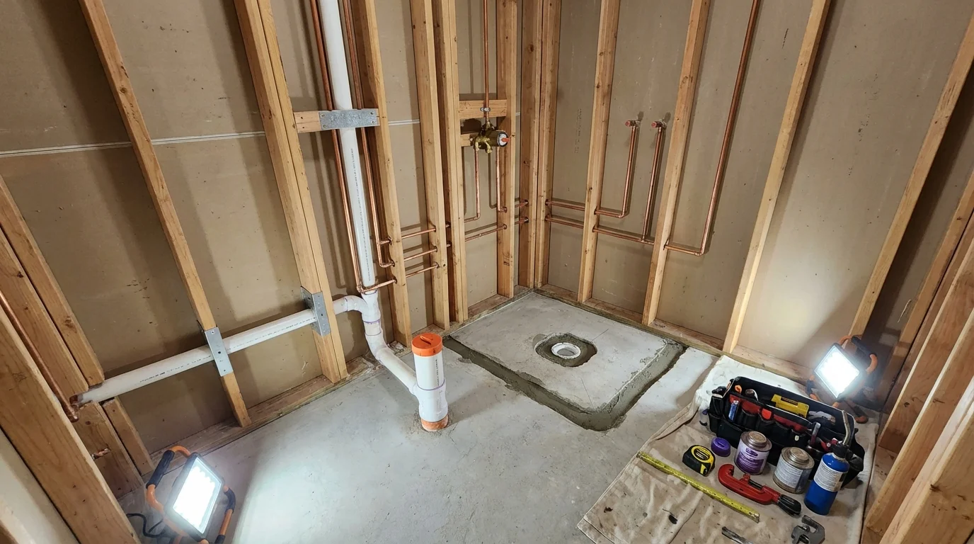 Bathroom rough-in plumbing during remodel by Johns Plumbing LLC in Kettle Falls