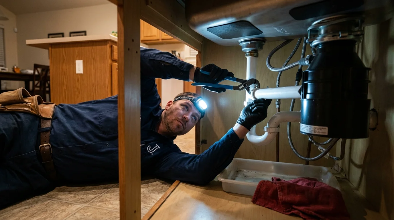 P-trap and supply line connections under a kitchen sink showing a common leak point in Kettle Falls, WA